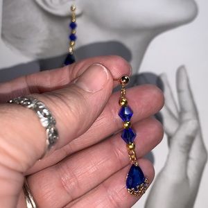Stud Post with Blue Thunder Polished Glass Bead Dangle Earrings In Gold Tone